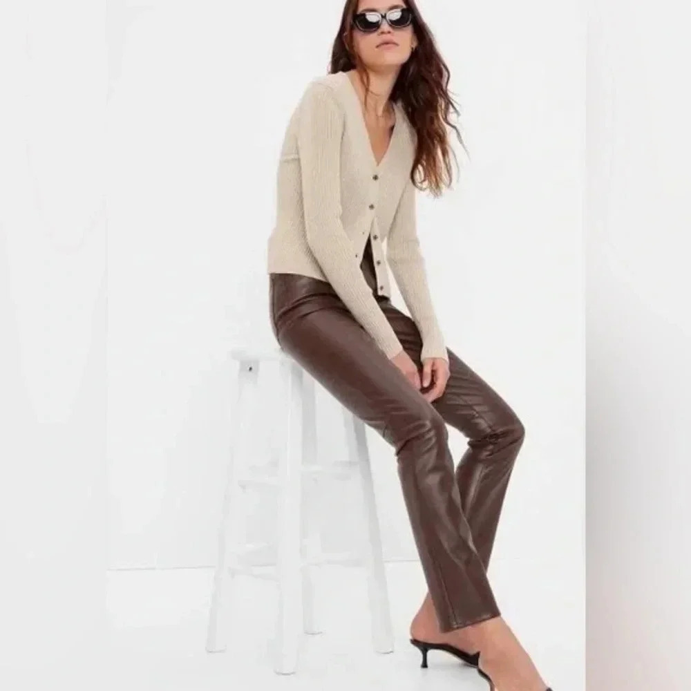 7 For All Mankind Chocolate Brown Faux‎ Leather High-Rise Pant Size Medium